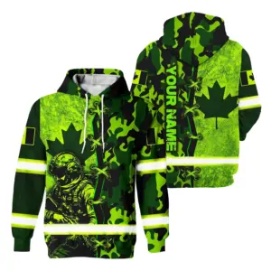 Hi Vis Hoodie Reflective Tapes Green Neon Sewn Canada Flag Custom Name Safety Workwear For Worker, Operator, Patriotic