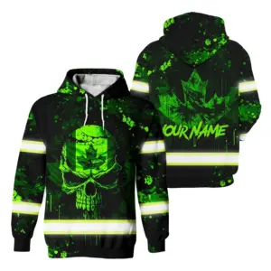 Hi Vis Hoodie Reflective Tapes Green Neon Skull Paint Flakes Canada Flag Custom Name Safety Workwear For Worker, Operator, Patriotic