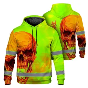 Hi Vis Hoodie Reflective Tapes Green Orange Skull Custom Name Safety Workwear For Workers, Truckers, Operators