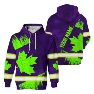 Hi Vis Hoodie Reflective Tapes Green Violet Canada Flag Custom Name Safety Workwear For Worker, Operator, Patriotic