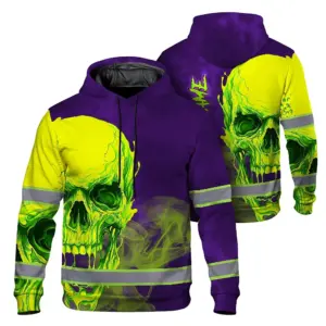 Hi Vis Hoodie Reflective Tapes Green Violet Skull Custom Name Safety Workwear For Workers, Truckers, Operators