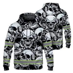 Hi Vis Hoodie Reflective Tapes Grey Black Skull Custom Name Safety Workwear For Workers, Truckers, Operators