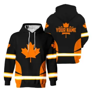 Hi Vis Hoodie Reflective Tapes Orange Black Neon Canada Flag Custom Name Safety Workwear For Worker, Operator, Patriotic