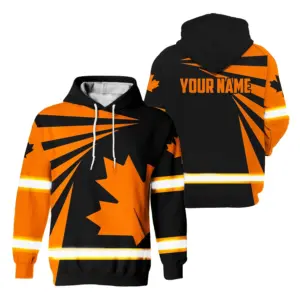 Hi Vis Hoodie Reflective Tapes Orange Black Neon Canada Flag Custom Name Safety Workwear For Worker, Operator, Patriotic