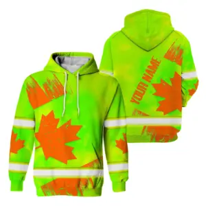 Hi Vis Hoodie Reflective Tapes Orange Green Canada Flag Custom Name Safety Workwear For Worker, Operator, Patriotic