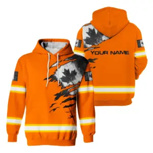 Hi Vis Hoodie Reflective Tapes Orange Neon Scratch Canada Flag Custom Name Safety Workwear For Worker, Operator, Patriotic