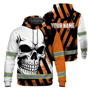 Hi Vis Hoodie Reflective Tapes Orange Neon Skull Custom Name Safety Workwear For Bikers, Workers, Truckers, Operators
