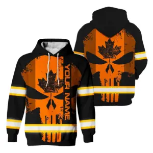 Hi Vis Hoodie Reflective Tapes Orange Neon Skull With Canada Flag Custom Name Safety Workwear For Worker, Operator, Patriotic