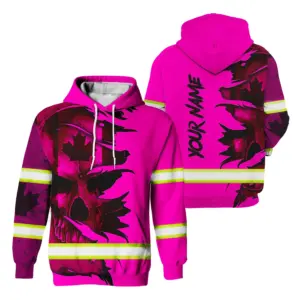 Hi Vis Hoodie Reflective Tapes Pink Neon Skull Canada Custom Name Safety Workwear For Worker, Operator, Patriotic