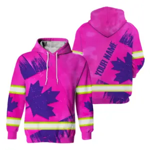 Hi Vis Hoodie Reflective Tapes Pink Violet Canada Flag Custom Name Safety Workwear For Worker, Operator, Patriotic