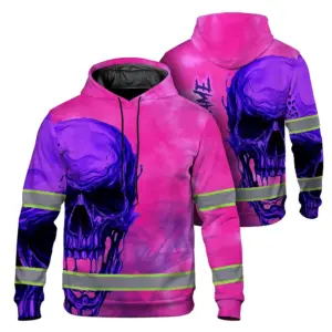 Hi Vis Hoodie Reflective Tapes Pink Violet Skull Custom Name Safety Workwear For Workers, Truckers, Operators