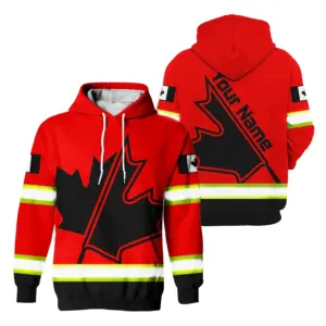 Hi Vis Hoodie Reflective Tapes Red Neon And Black With Canada Flag Custom Name Safety Workwear For Worker, Operator, Patriotic