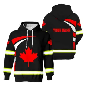 Hi Vis Hoodie Reflective Tapes Red White Black Canada Flag Custom Name Safety Workwear For Worker, Operator, Patriotic