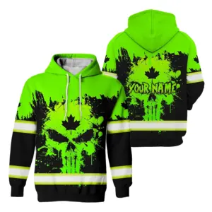 Hi Vis Hoodie Reflective Tapes Skull Green Neon Scratch 2 Canada Flag Custom Name Safety Workwear For Worker, Operator, Patriotic