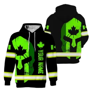 Hi Vis Hoodie Reflective Tapes Skull Green Neon Scratch Canada Flag Custom Name Safety Workwear For Worker, Operator, Patriotic