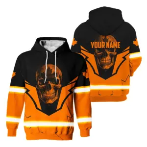 Hi Vis Hoodie Reflective Tapes Skull Orange Neon Canada Flag Custom Custom Name Safety Workwear For Worker, Operator, Patriotic