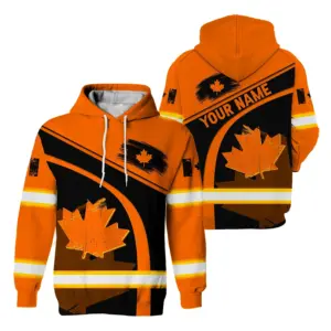 Hi Vis Hoodie Reflective Tapes Skull Orange Neon Scratch Canada Flag Custom Name Safety Workwear For Worker, Operator, Patriotic