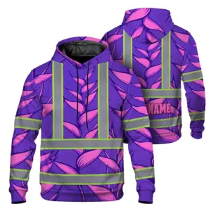 Hi Vis Hoodie Reflective Tapes Violet Neon Pink Heliconia Custom Name Safety Workwear For Workers, Truckers, Operators