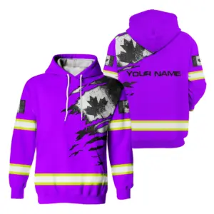 Hi Vis Hoodie Reflective Tapes Violet Neon Scratch Canada Flag Custom Name Safety Workwear For Worker, Operator, Patriotic