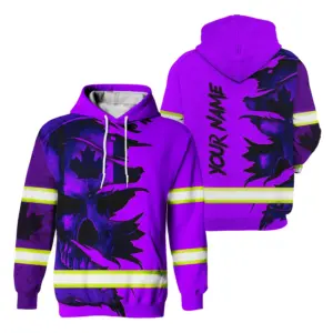 Hi Vis Hoodie Reflective Tapes Violet Neon Skull Canada Custom Name Safety Workwear For Worker, Operator, Patriotic
