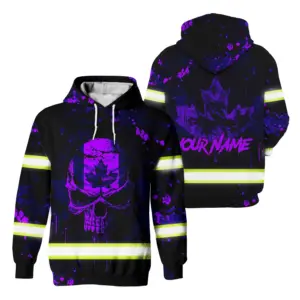 Hi Vis Hoodie Reflective Tapes Violet Neon Skull Paint Flakes Canada Flag Custom Name Safety Workwear For Worker, Operator, Patriotic