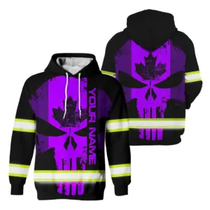 Hi Vis Hoodie Reflective Tapes Violet Neon Skull With Canada Flag Custom Name Safety Workwear For Worker, Operator, Patriotic