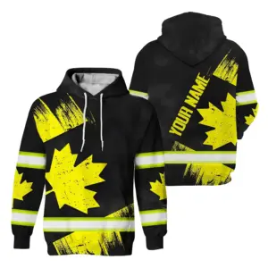 Hi Vis Hoodie Reflective Tapes Yellow Black Canada Flag Custom Name Safety Workwear For Worker, Operator, Patriotic