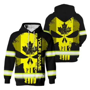 Hi Vis Hoodie Reflective Tapes Yellow Neon Skull With Canada Flag Custom Name Safety Workwear For Worker, Operator, Patriotic