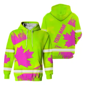 Hi Vis Hoodie Reflective Tapes Yellow Pink Canada Flag Custom Name Safety Workwear For Worker, Operator, Patriotic