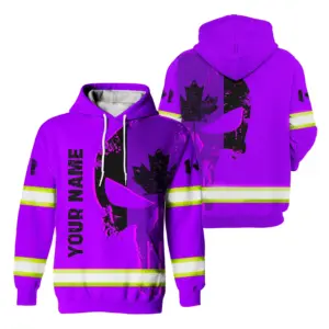 Hi Vis Hoodie Reflective Violet Neon Skull With Canada Flag Custom Name Safety Workwear For Worker, Operator, Patriotic