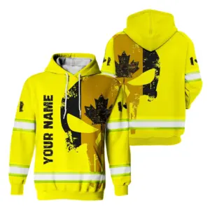 Hi Vis Hoodie Reflective Yellow Neon Skull With Canada Flag Custom Name Safety Workwear For Worker, Operator, Patriotic
