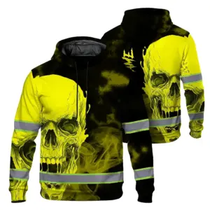 Hi Vis Hoodie Shirt Reflective Tapes Black And Yellow Neon Skull Custom Name Safety Workwear For Workers, Truckers, Operators