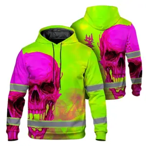 Hi Vis Hoodie Shirt Reflective Tapes Pink And Lime Neon Skull Custom Name Safety Workwear For Workers, Truckers, Operators