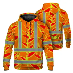 Hi Vis Hoodie Shirt Reflective Tapes Red Neon Lime Heliconia Custom Name Safety Workwear For Workers, Truckers, Operators