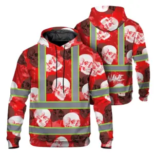 Hi Vis Hoodie Shirt Reflective Tapes Red Neon White Skull Custom Name Safety Workwear For Workers, Truckers, Operators