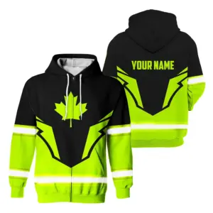 Hi Vis Jacket Reflective Black Green Canada Flag 2 Custom Name Safety Workwear For Worker, Operator, Patriotic