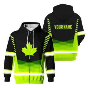 Hi Vis Jacket Reflective Black Green Canada Flag Skull Custom Name Safety Workwear For Worker, Operator, Patriotic