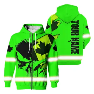 Hi Vis Jacket Reflective Black Green Neon Canada Flag Scratch Custom Name Safety Workwear For Worker, Operator, Patriotic