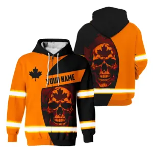 Hi Vis Jacket Reflective Black Orange Canada Flag Skull Custom Name Safety Workwear For Worker, Operator, Patriotic