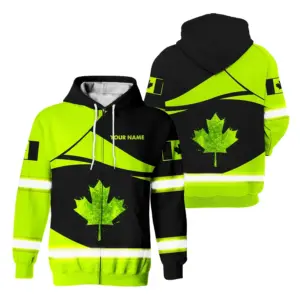 Hi Vis Jacket Reflective Black Red Canada Flag Scratch Custom Name Safety Workwear For Worker, Operator, Patriotic