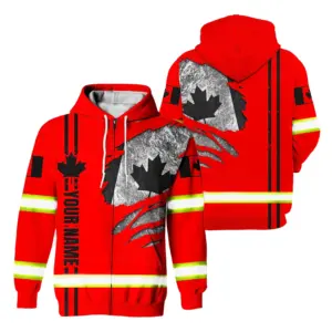 Hi Vis Jacket Reflective Black Red Canada Flag Scratch Custom Name Safety Workwear For Worker, Operator, Patriotic
