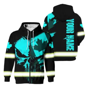 Hi Vis Jacket Reflective Blue Neon Canada Flag Scratch Custom Name Safety Workwear For Worker, Operator, Patriotic