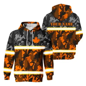 Hi Vis Jacket Reflective Camo Orange Neon Canada Flag Custom Name Safety Workwear For Worker, Operator, Patriotic