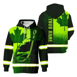 Hi Vis Jacket Reflective Green Neon Canada Fishing Custom Name Safety Workwear For Worker, Operator, Patriotic