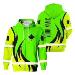 Hi Vis Jacket Reflective Green Neon Canada Flag 2 Custom Name Safety Workwear For Worker, Operator, Patriotic