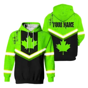 Hi Vis Jacket Reflective Green Neon Canada Flag 2 Custom Name Safety Workwear For Worker, Operator, Patriotic