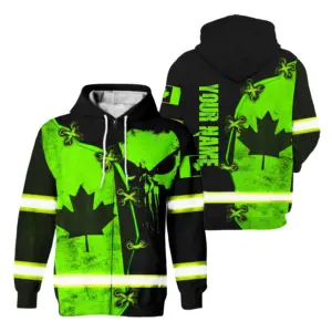 Hi Vis Jacket Reflective Green Neon Canada Flag And Skull Custom Name Safety Workwear For Worker, Operator, Patriotic