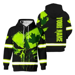 Hi Vis Jacket Reflective Green Neon Canada Flag Scratch Custom Name Safety Workwear For Worker, Operator, Patriotic