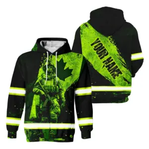 Hi Vis Jacket Reflective Green Neon Canada Flag Soldier Custom Name Safety Workwear For Worker, Operator, Patriotic