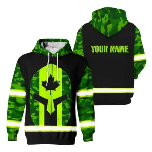 Hi Vis Jacket Reflective Green Neon Canada Mask Custom Name Safety Workwear For Worker, Operator, Patriotic
